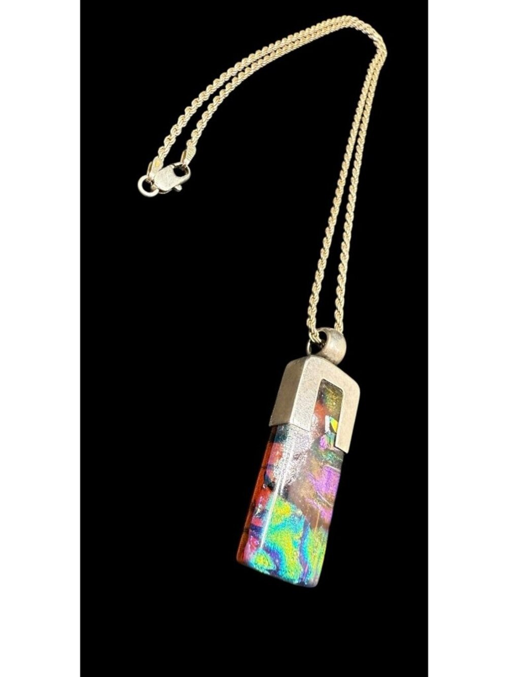 Sterling Silver Dichroic Glass Modernist Pendant 925 Italy Braided Chain 17”
